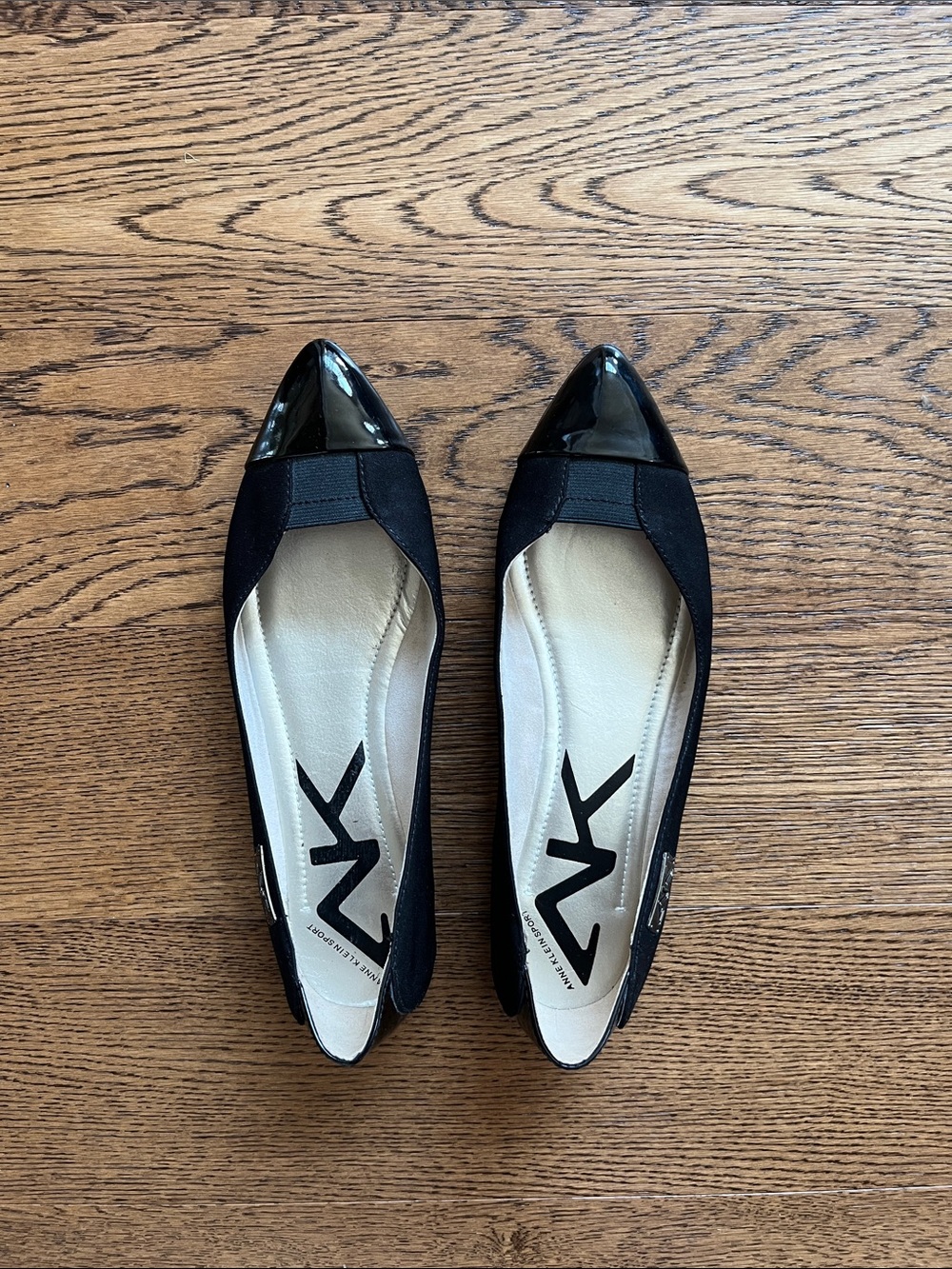 Anne Klein Black Pointed Toe Flats with Patent Cap